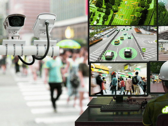 Caméras de surveillance urbaines filmant des passants et opérateur analysant des flux vidéo civils augmentés par intelligence artificielle sur un mur d'écrans.