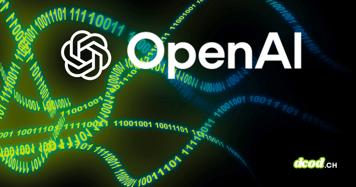 Logo OpenAI entouré de rubans de code binaire symbolisant le filigrane textGrain déployé face aux règles de l'UE