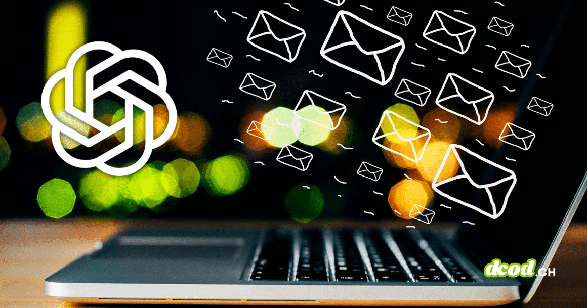 Logo blanc d'OpenAI et nuée d'icônes d'enveloppes d'e-mails flottant au-dessus d'un ordinateur portable ouvert.