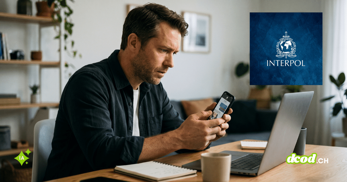 Professionnel observant avec méfiance un message reçu sur son smartphone devant son ordinateur portable.