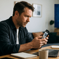 Professionnel observant avec méfiance un message reçu sur son smartphone devant son ordinateur portable.