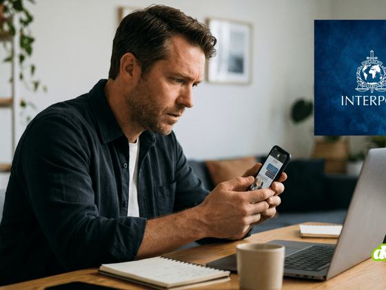 Professionnel observant avec méfiance un message reçu sur son smartphone devant son ordinateur portable.