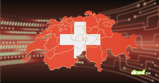 Carte de la Suisse arborant le drapeau national rouge à croix blanche et le découpage cantonal, superposée sur un fond sombre parcouru de liaisons numériques et de circuits imprimés lumineux. Le logo dcod.ch apparaît dans le coin inférieur droit.