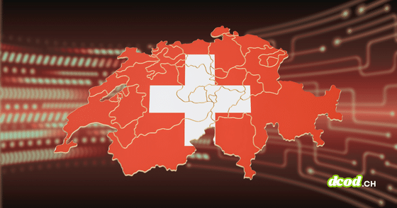 Carte de la Suisse arborant le drapeau national rouge à croix blanche et le découpage cantonal, superposée sur un fond sombre parcouru de liaisons numériques et de circuits imprimés lumineux. Le logo dcod.ch apparaît dans le coin inférieur droit.