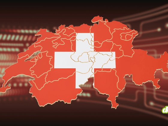Carte de la Suisse arborant le drapeau national rouge à croix blanche et le découpage cantonal, superposée sur un fond sombre parcouru de liaisons numériques et de circuits imprimés lumineux. Le logo dcod.ch apparaît dans le coin inférieur droit.