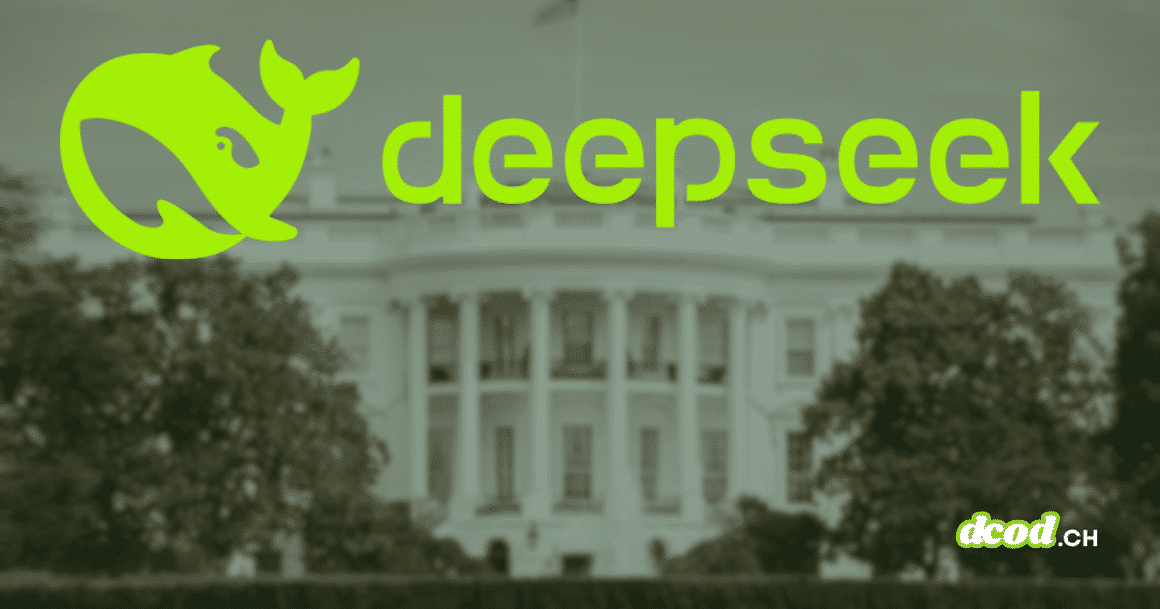 Logo vert de DeepSeek superposé à la Maison-Blanche à Washington