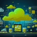 Illustration d'un nuage informatique vert central relié par des circuits et des flux de données à un ensemble d'ordinateurs et d'écrans de travail sur fond sombre, symbolisant la gestion des risques et des infrastructures cloud.