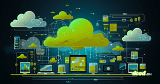 Illustration d'un nuage informatique vert central relié par des circuits et des flux de données à un ensemble d'ordinateurs et d'écrans de travail sur fond sombre, symbolisant la gestion des risques et des infrastructures cloud.