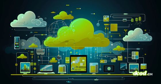 Illustration d'un nuage informatique vert central relié par des circuits et des flux de données à un ensemble d'ordinateurs et d'écrans de travail sur fond sombre, symbolisant la gestion des risques et des infrastructures cloud.
