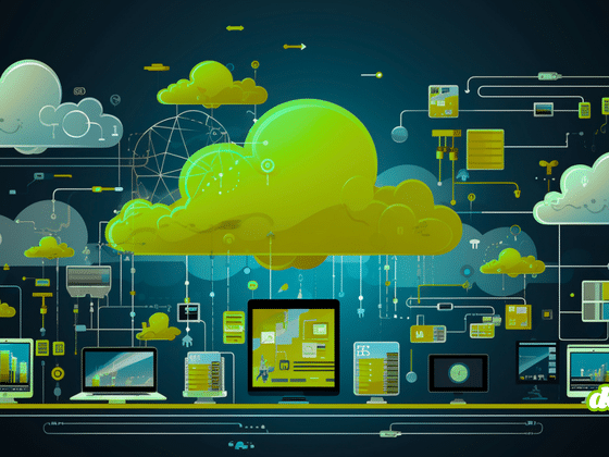 Illustration d'un nuage informatique vert central relié par des circuits et des flux de données à un ensemble d'ordinateurs et d'écrans de travail sur fond sombre, symbolisant la gestion des risques et des infrastructures cloud.