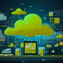 Illustration d'un nuage informatique vert central relié par des circuits et des flux de données à un ensemble d'ordinateurs et d'écrans de travail sur fond sombre, symbolisant la gestion des risques et des infrastructures cloud.