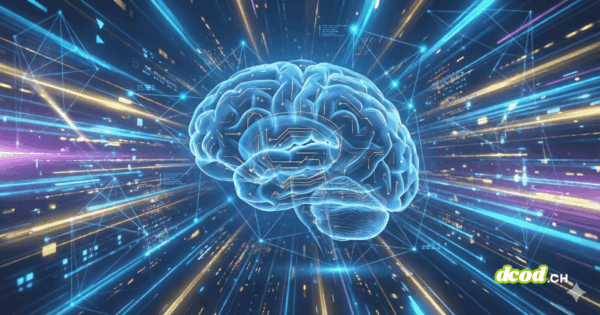 Illustration futuriste pour la veille IA : un cerveau numérique bleu translucide, parcouru de circuits dorés, est au centre d'un tunnel de lumière dynamique composé de flux de données rapides bleus, violets et or, symbolisant la vitesse du progrès technologique.