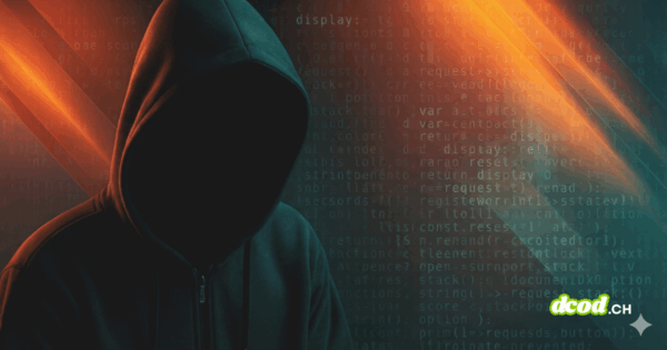 Illustration pour la veille sur les fuites de données : une silhouette de hacker encapuchonné dans l'ombre, sur fond de code informatique bleu, est traversée par des faisceaux lumineux diagonaux orange intenses évoquant une alerte de sécurité ou une brèche active.