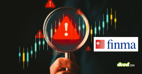 Illustration DCOD montrant une loupe sur des graphiques financiers avec une alerte rouge centrale. Elle souligne l'enquête de la FINMA révélant que 42% des banques manquent de politique contre la fraude numérique. Logos FINMA et DCOD.ch visibles.