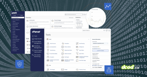 Illustration des interfaces de gestion WebHost Manager (WHM) et cPanel sur un fond de code binaire, symbolisant l'alerte sur une faille critique qui menace des millions de serveurs. Le logo dcod.ch est présent dans le coin inférieur droit.